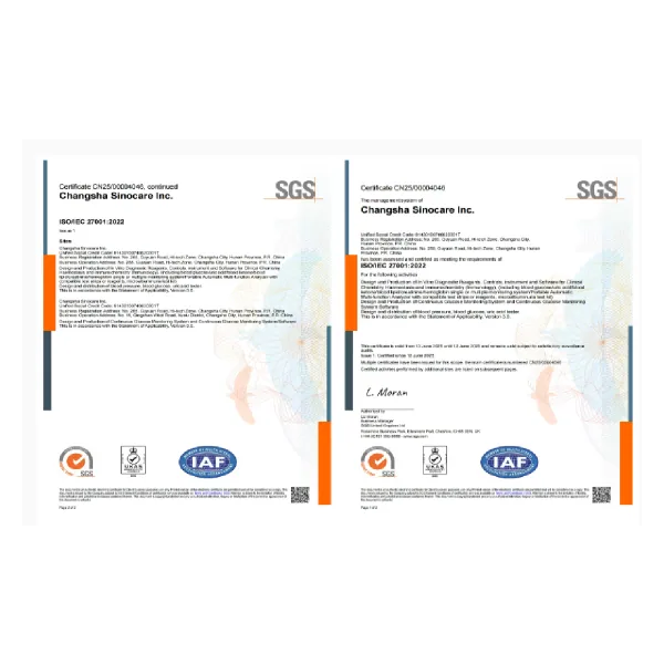 Certificados de sistema de gestão da qualidade emitidos pela SGS para a Changsha Sinocare Inc.